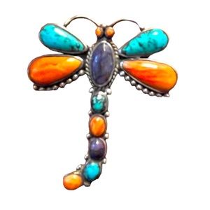 Zuni Dragonfly Sterling Silver Turquoise Coral Amethyst Brooch Pendant Navajo